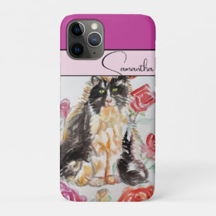 Capa Para iPhone 11 Pro Rosa Vermelho rosa Rosas Aquarela Gato Tuxedo Gato