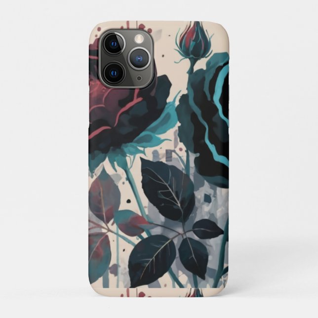 Capa Para iPhone 11 Pro rosas azuis e pretos aquarelas florais (Verso)