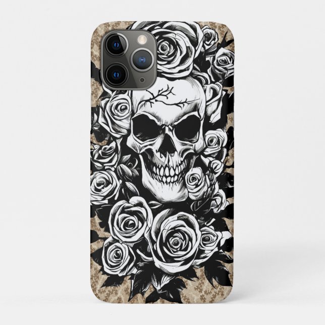Capa Para iPhone 11 Pro Rosas de crânio humano Gótico de tinta original (Verso)