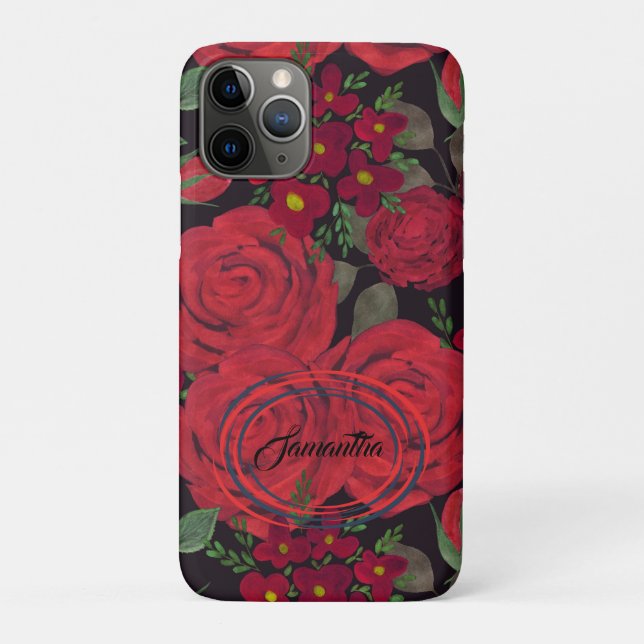 Capa Para iPhone 11 Pro Rosas vermelhas de aquarela em preto (Verso)