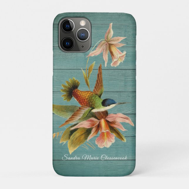 Capa Para iPhone 11 Pro Rústica País Hummingbird Floral Madeira Verde (Verso)