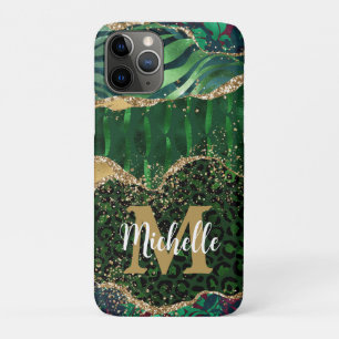 Capa Para iPhone 11 Pro Safari de Animais Verde e Dourado com Brilho em Ág
