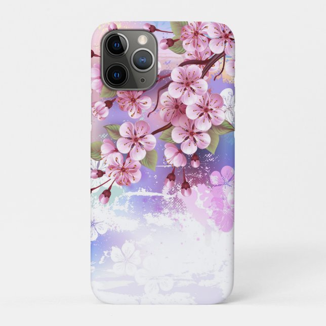 Capa Para iPhone 11 Pro Sakura rosa no fundo da pintura (Verso)