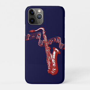 Capa Para iPhone 11 Pro Saxofone Vermelho e notas sobre fundo azul