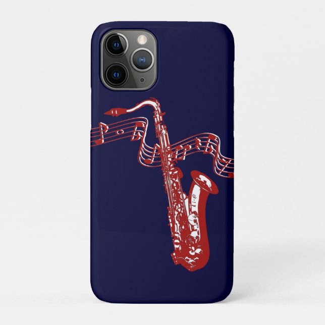 Capa Para iPhone 11 Pro Saxofone Vermelho e notas sobre fundo azul (Verso)