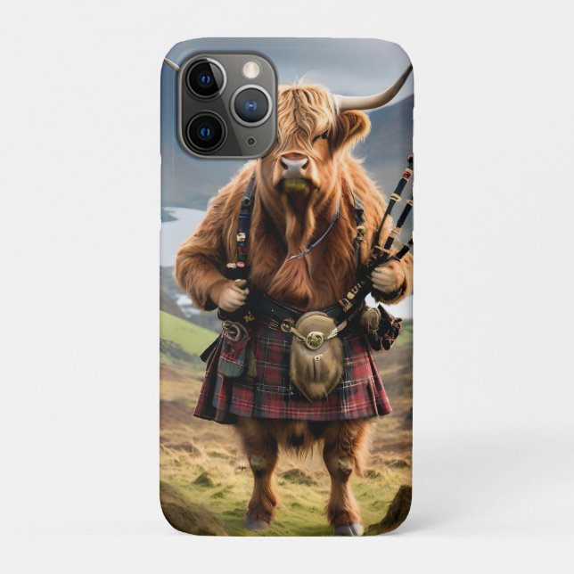 Capa Para iPhone 11 Pro Scottish Highland Cow Bagpiper, (Verso)
