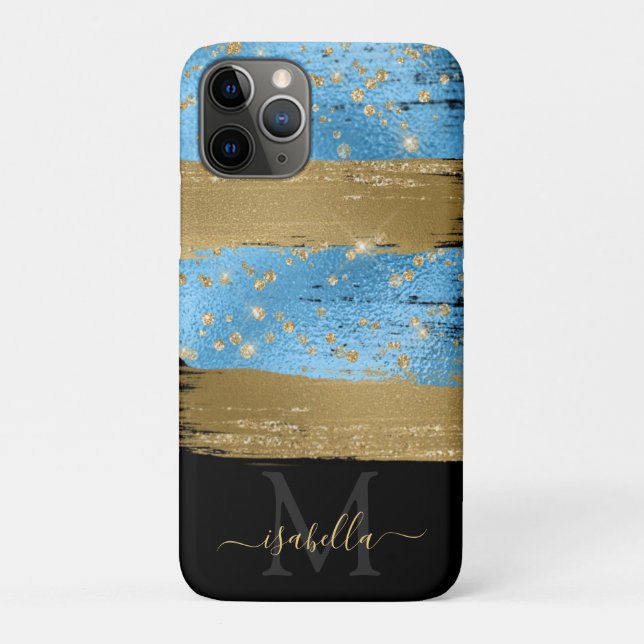 Capa Para iPhone 11 Pro Script Dourado brilhante azul monograma (Verso)