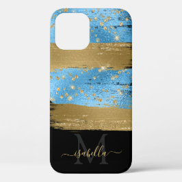 Capa Para iPhone 11 Pro Script Dourado brilhante azul monograma
