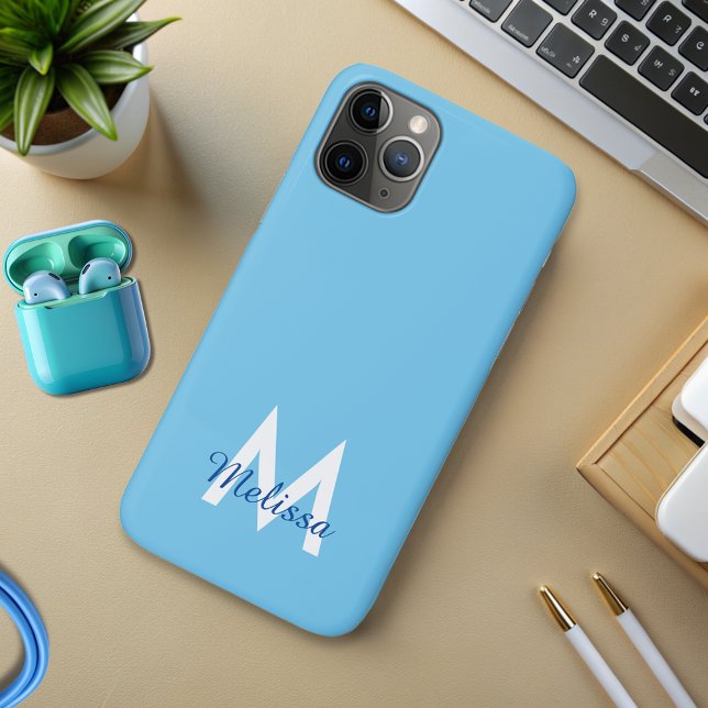 Capa Para iPhone 11 Pro Simples Blue Teal Moderna Monograma (Criador carregado)