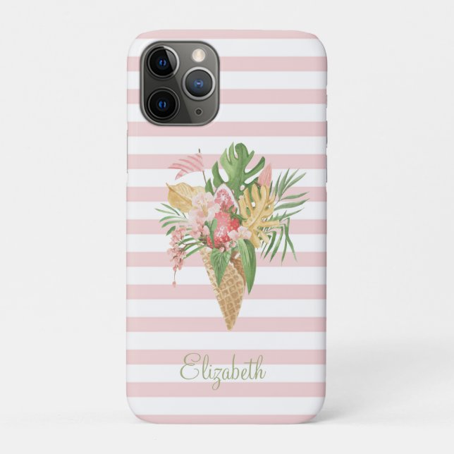 Capa Para iPhone 11 Pro Sorvete,Fruta de Folhas Tropicais,Faixa Rosa (Verso)