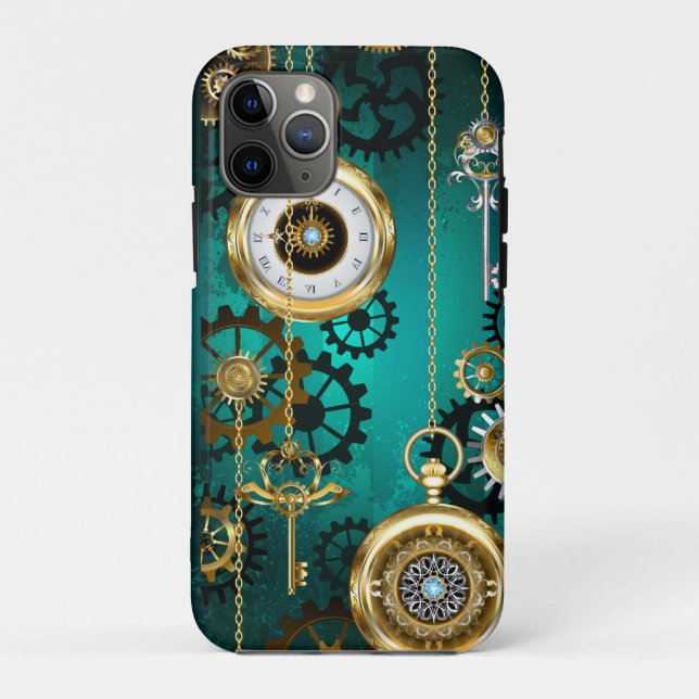 Capa Para iPhone 11 Pro Steampunk Jewelry Watch em um fundo verde (Verso)