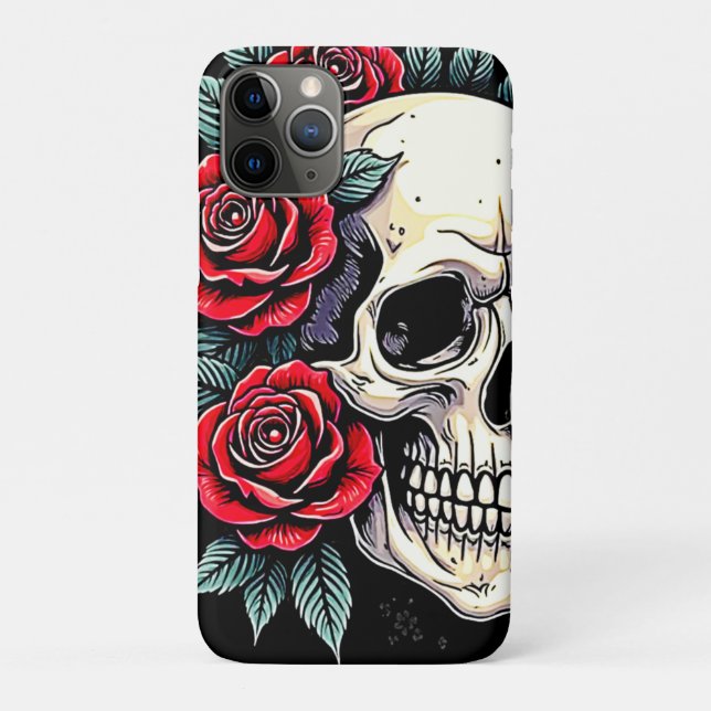 Capa Para iPhone 11 Pro Tatuagem de Rosas do crânio (Verso)