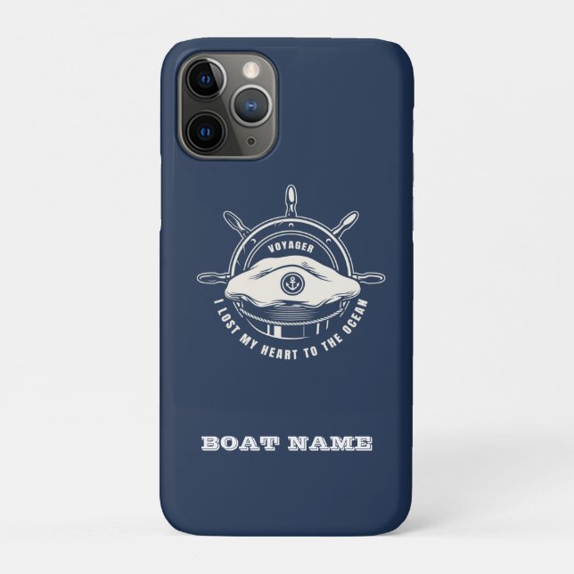 Capa Para iPhone 11 Pro Tema Náutico Nome do Barco Azul Marinho  (Verso)