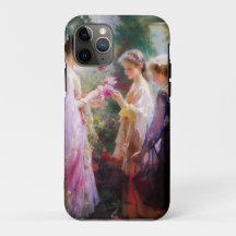 Três garotas brincando num jardim