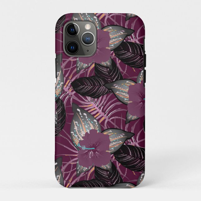 Capa Para iPhone 11 Pro Tropical Burgundy Hibiscus Floral (Verso)