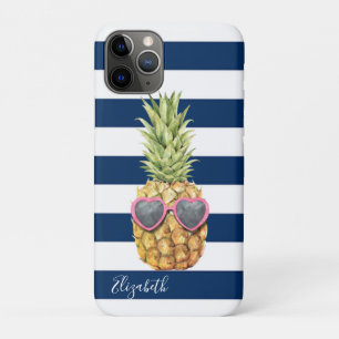 Capa Para iPhone 11 Pro Tropical de ananás legal, Marinho Azul Stripteado