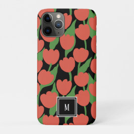 Capa Para iPhone 11 Pro Tulipas vermelhas retro, monograma personalizado