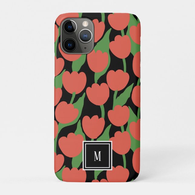 Capa Para iPhone 11 Pro Tulipas vermelhas retro, monograma personalizado (Verso)