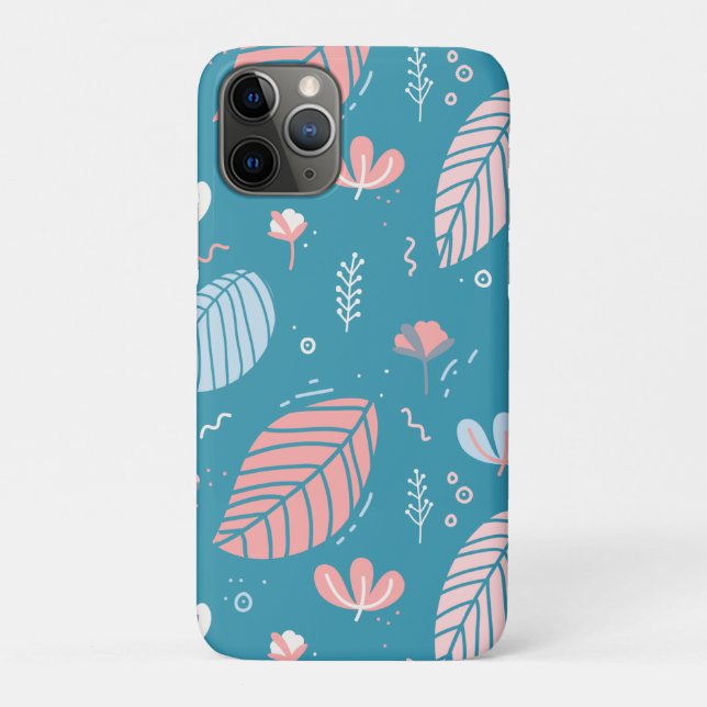 Capa Para iPhone 11 Pro Turquesa e Folhas e Doodes Rosa (Verso)