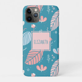 Capa Para iPhone 11 Pro Turquesa e Folhas e Doodles Rosa Personalizados
