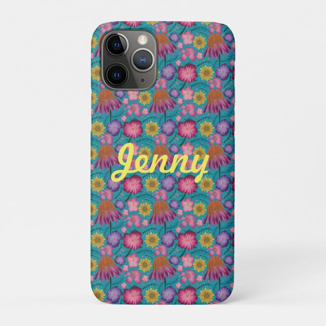Capa Para iPhone 11 Pro Turquesa Floral Personalizada (Verso)