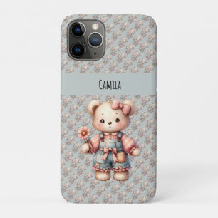 Capa Para iPhone 11 Pro Urso de pelúcia pastel segurando flor vestindo mac
