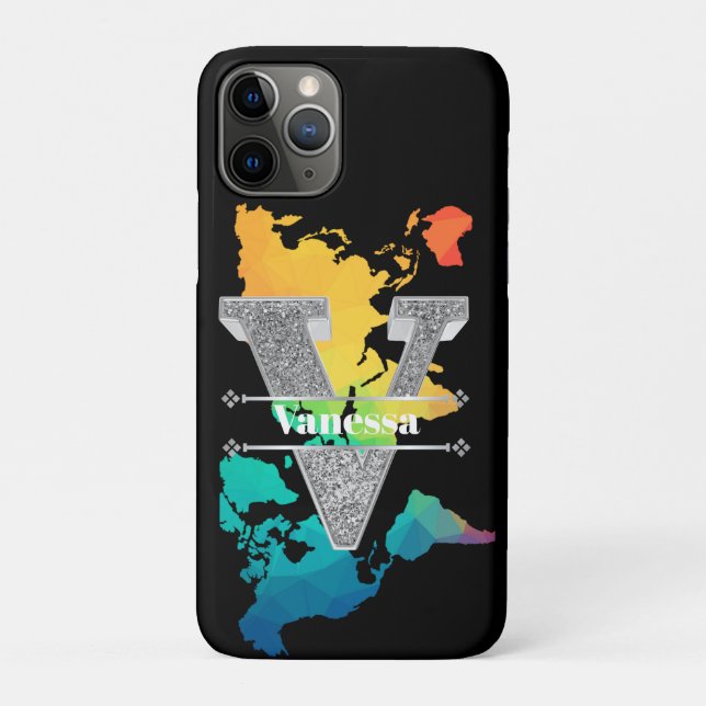 Capa Para iPhone 11 Pro V Monograma Inicial do Prata Personalizado Seu Nom (Verso)