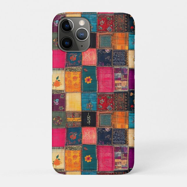 Capa Para iPhone 11 Pro Vibrant Patchwork Quilt with Classic Florals (Verso)
