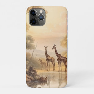 Capa Para iPhone 11 Pro Vintage botânica das girafas pelo rio