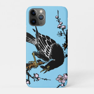 Capa Para iPhone 11 Pro Vintage, Corvo Japonês e Flores de Cereja