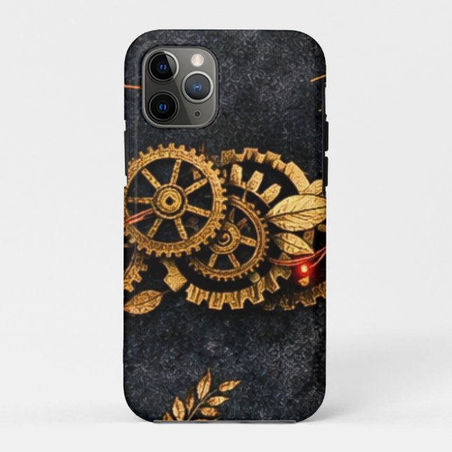 Capa Para iPhone 11 Pro Vintage Gold Gears & Red Neon Mythic Cyberpunk  (Verso)