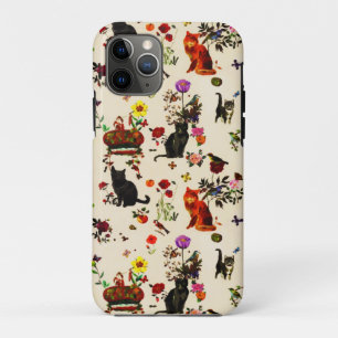 Capa Para iPhone 11 Pro Vintage Laranja Negra Gatos Pássicos Jardim Floral