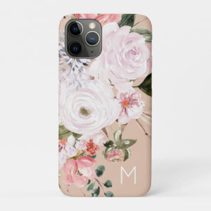 Capa Para iPhone 11 Pro Vintage Watercolor Rosa Dourado e Pink Peony Monog