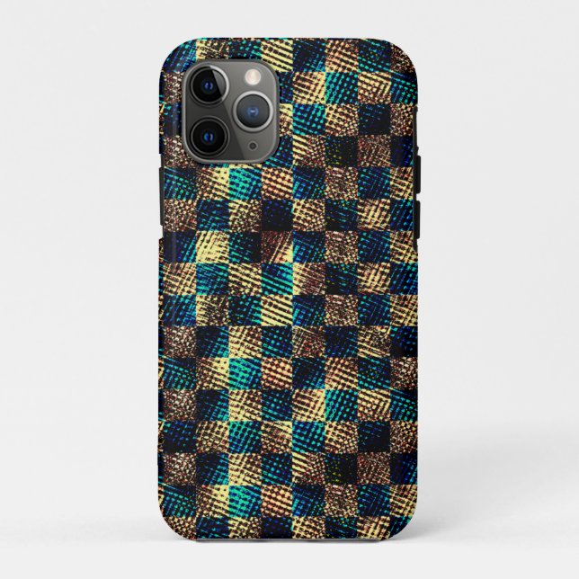 Capa Para iPhone 11 Pro Xadrez com efeito sujo e arranhado, azul amarelo (Verso)