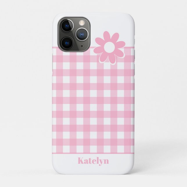 Capa Para iPhone 11 Pro Xadrez de Gingham Rosa Personalizada (Verso)