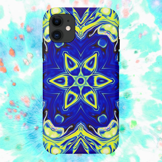 Capa Para iPhone 11 Psicodélico Flor de Mandala Azul e Amarelo (Criador carregado)