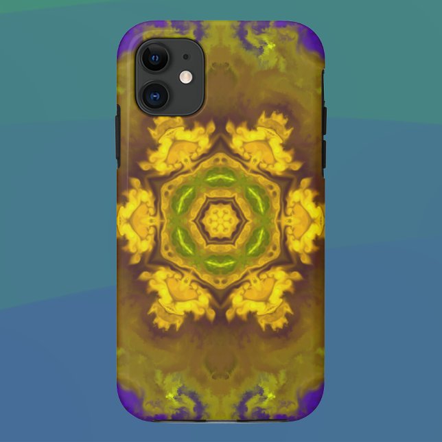 Capa Para iPhone 11 Psicodélico Flor Mandala, Púrpura e Amarelo (Criador carregado)