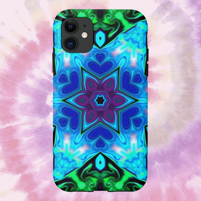 Capa Para iPhone 11 Psicodélico Mandala Flor Azul Roxo e Verde (Criador carregado)