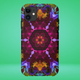 Capa Para iPhone 11 Psicodélico Mandala Flor Púrpura Laranja e Verde