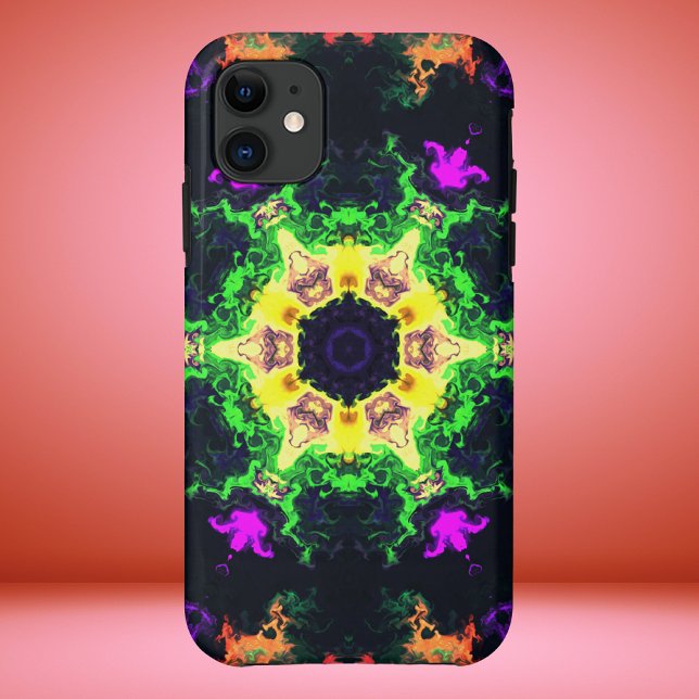 Capa Para iPhone 11 Psicodélico Mandala Flor Verde Roxo e Amarelo (Criador carregado)