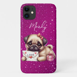 Capa Para iPhone 11 Pug Dia de os namorados Personalizado Pug Puppy Lo