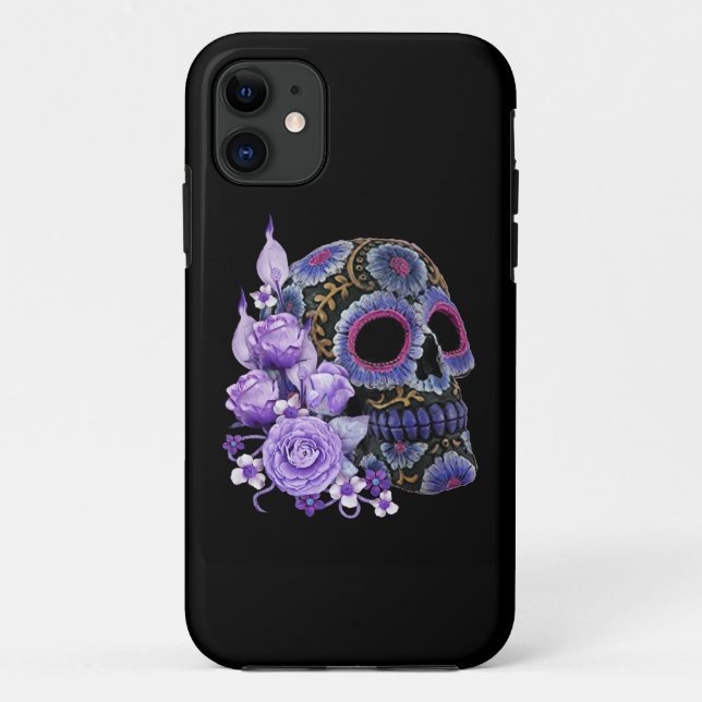 Capa Para iPhone 11 Purple Floral Black Sugar Skull Dia Dos Mortos (Verso)