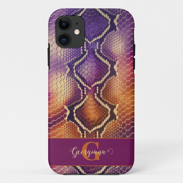 Capa Para iPhone 11 Púrpura e Púrpura e Pele Cobra de Shimmering Doura (Verso)