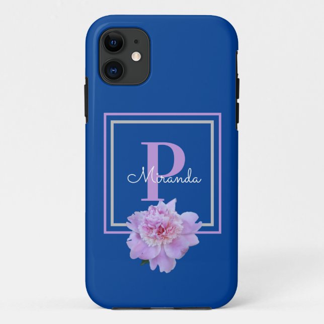 Capa Para iPhone 11 Púrpura Monograma Cor-de-rosa Flor (Verso)