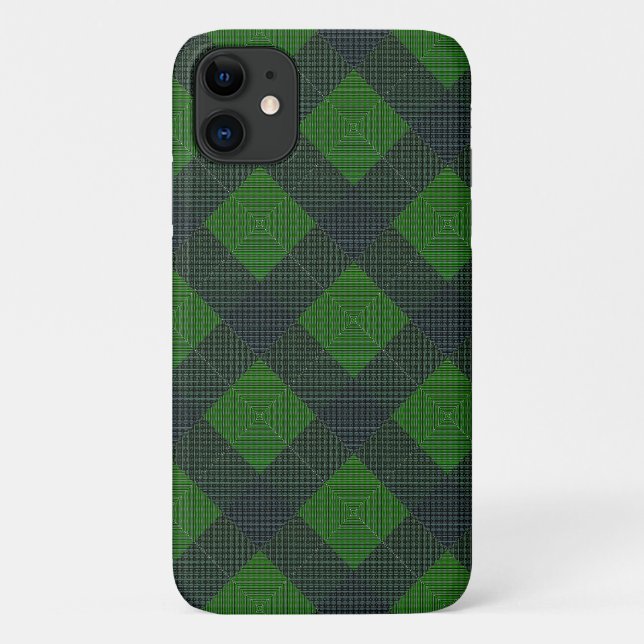 Capa Para iPhone 11 Quadrados inclinados verdes e pretos ou xadrez (Verso)
