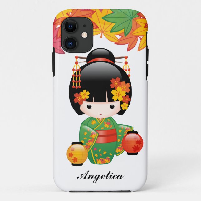 Capa Para iPhone 11 Quimono Verde Outono Boneca Kokeshi Folhas de Bord (Verso)