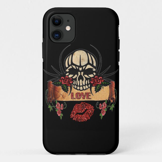 Capa Para iPhone 11 RAB Rockabilly Caveira Rosas Amor Batom (Verso)
