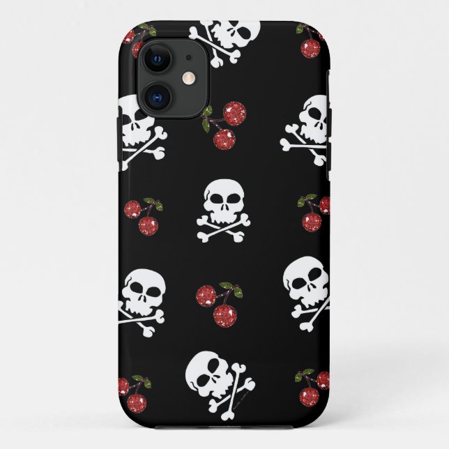 Capa Para iPhone 11 RAB Rockabilly Caveiras e Cerejas em Preto (Verso)