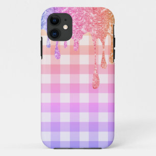 Capa Para iPhone 11 Rainbow Glitter ombré Xadrez Gingham Bonito Case M