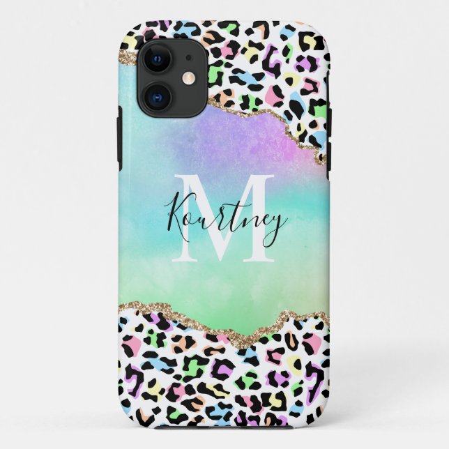 Capa Para iPhone 11 Rainbow Leopardo Monograma e Nome (Verso)